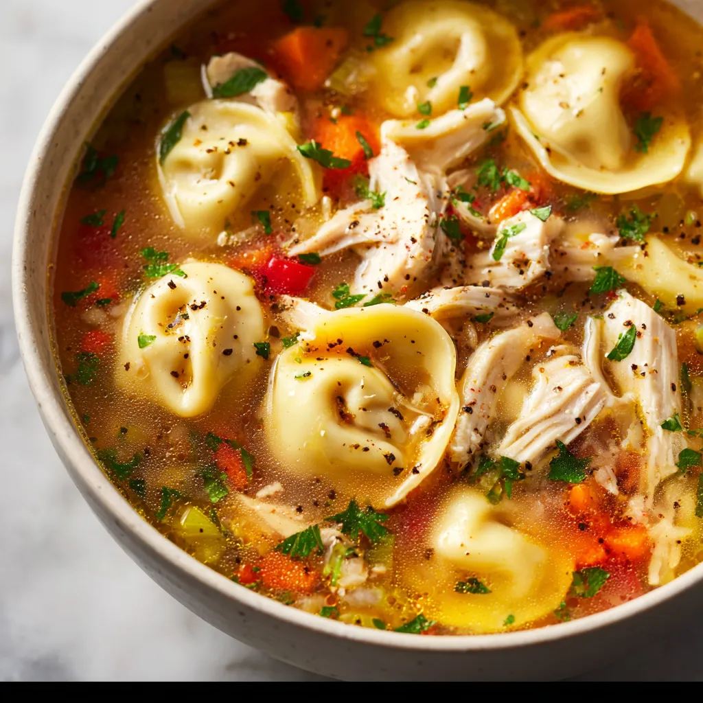 Delicious chicken tortellini soup with fresh herbs and vegetables in a savory broth.