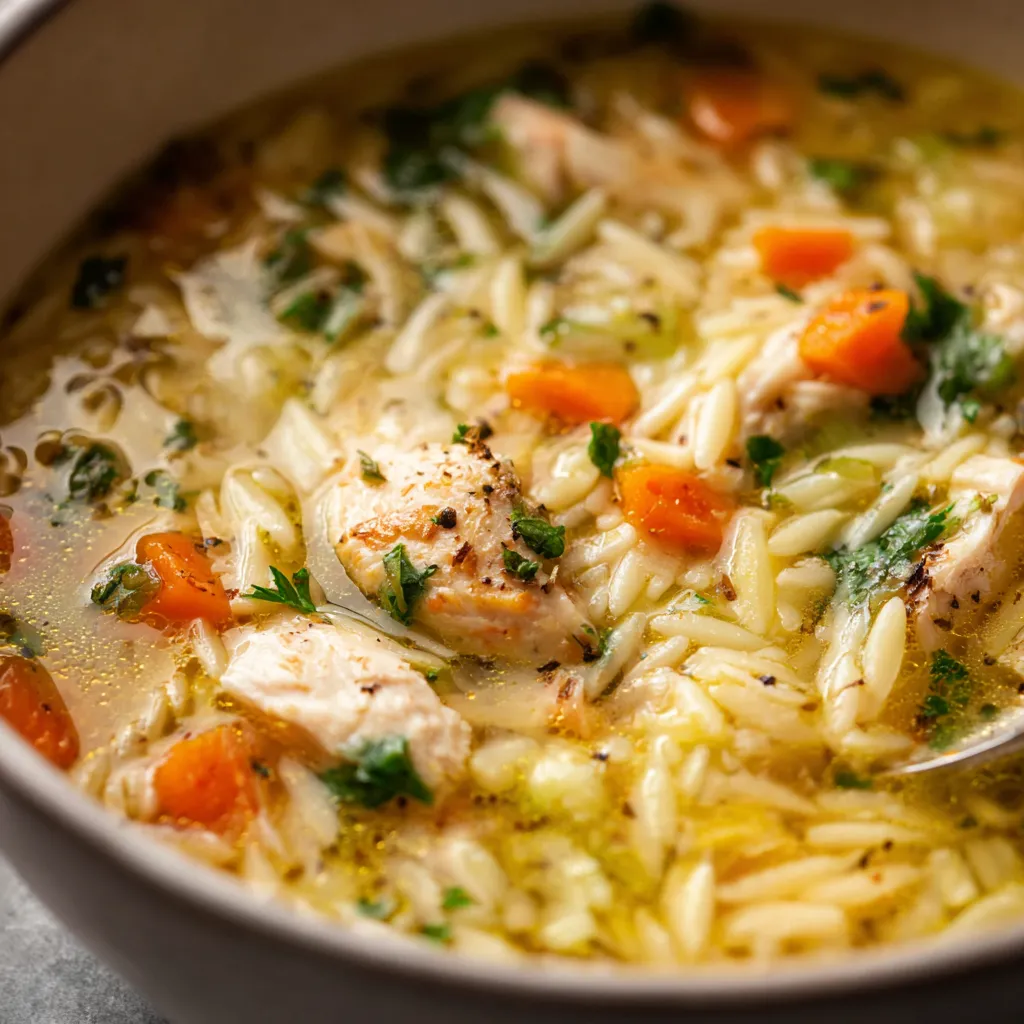 A hearty bowl of Lemon Chicken Orzo Soup, featuring tender chicken, bright citrus, and a comforting blend of orzo pasta and vegetables.