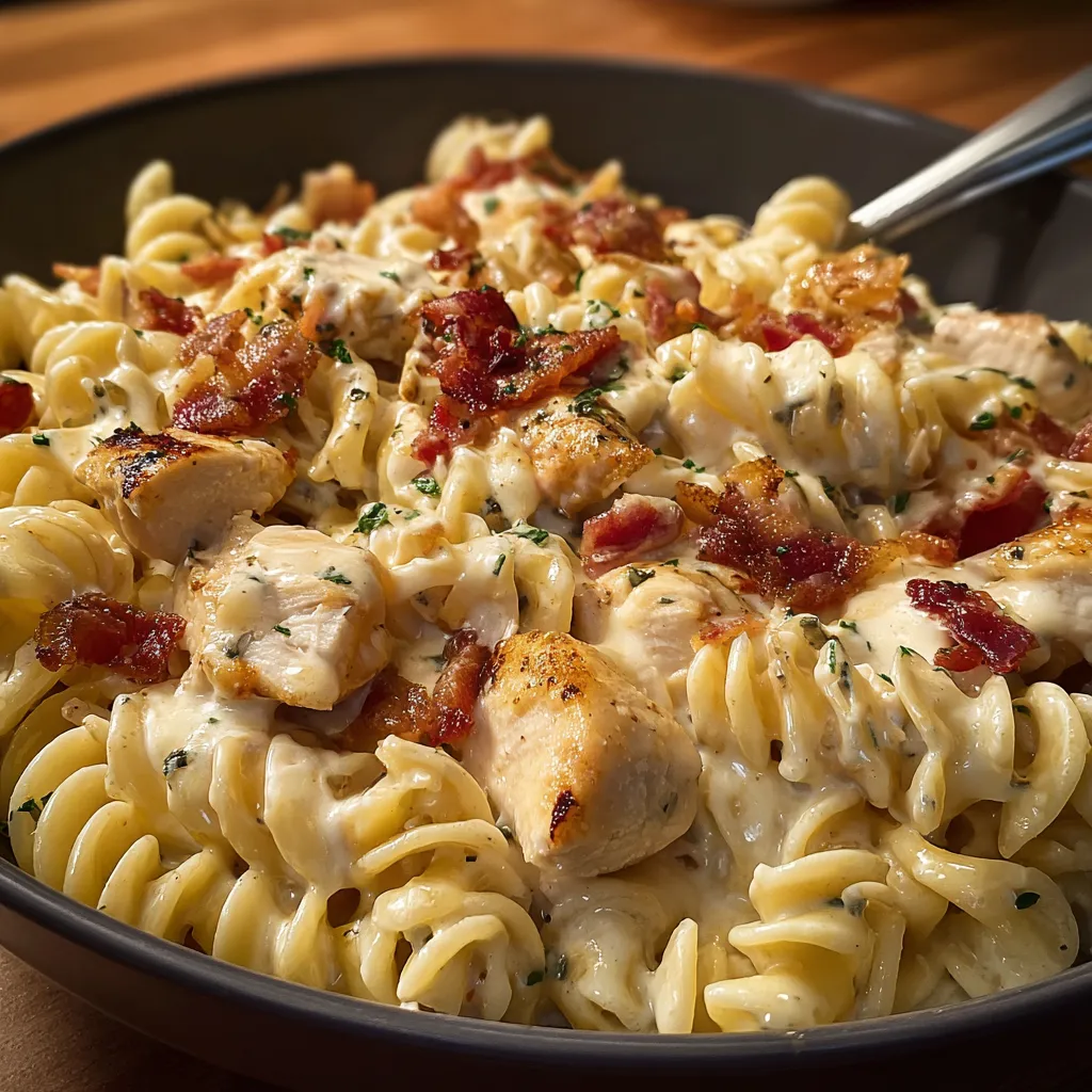 Delectable creamy chicken bacon ranch pasta dish with savory ingredients.