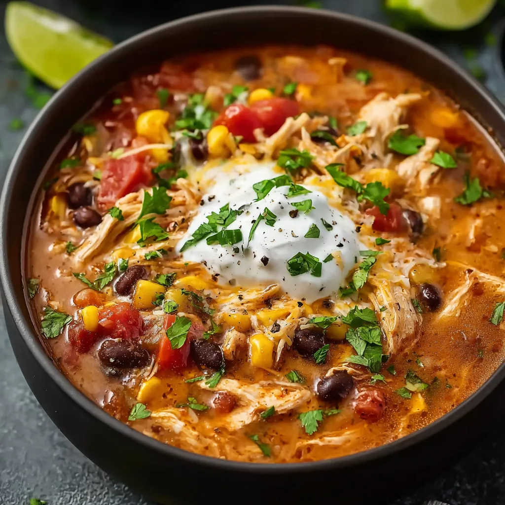 Creamy Chicken Taco Soup in a white ceramic bowl, garnished with fresh cilantro and tortilla chips.