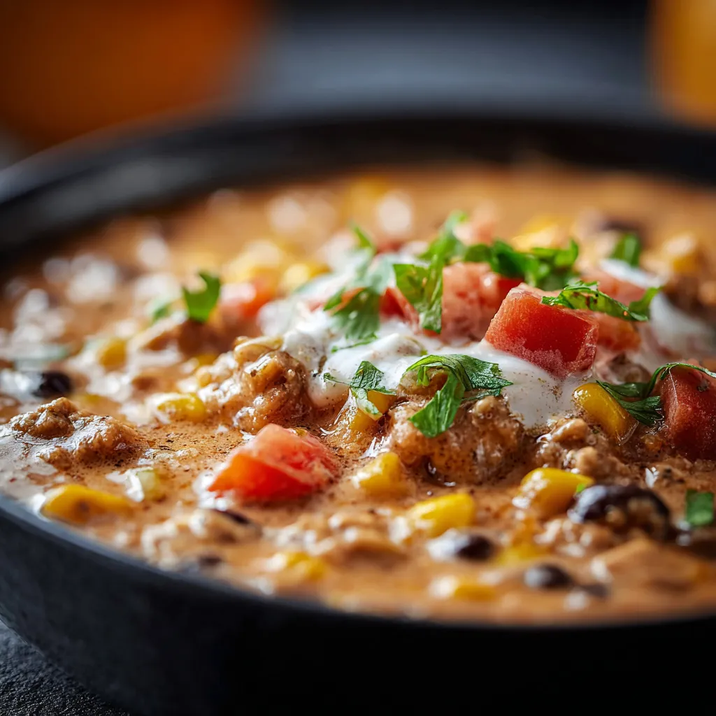 Creamy high protein taco soup in a white bowl with fresh cilantro and lime wedges.