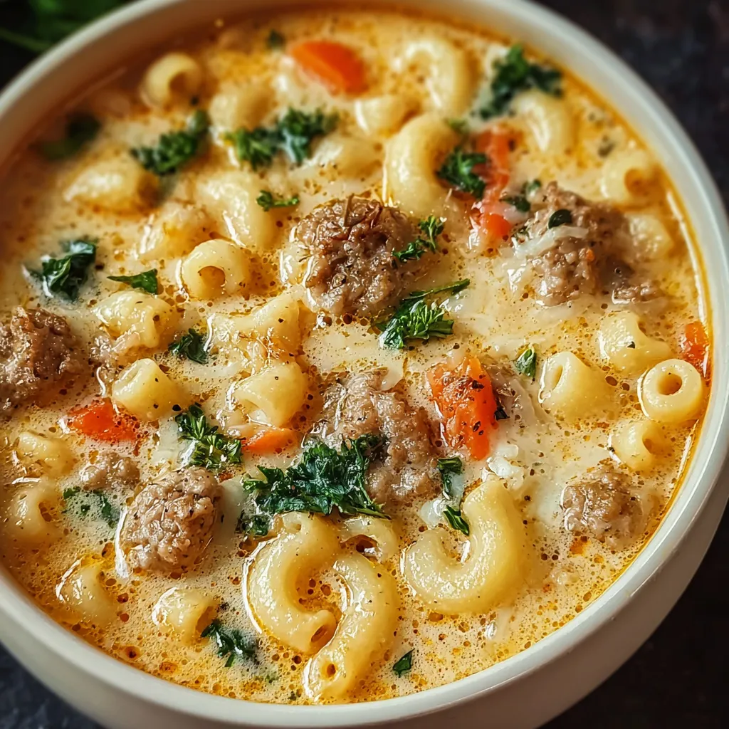 Steaming bowl of creamy Parmesan sausage ditalini soup, garnished with fresh herbs.