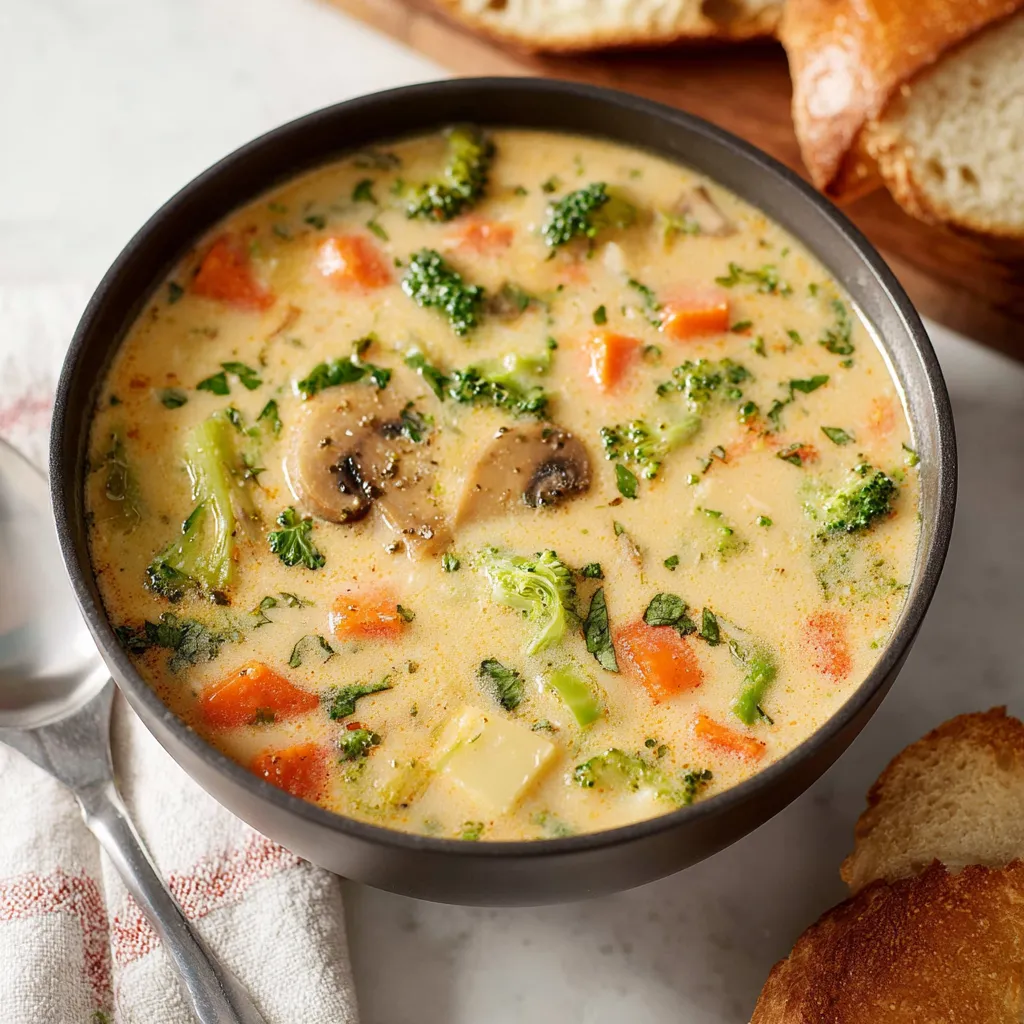Steaming bowl of Creamy Vegetable Soup, featuring a medley of fresh vegetables in a rich, creamy broth.