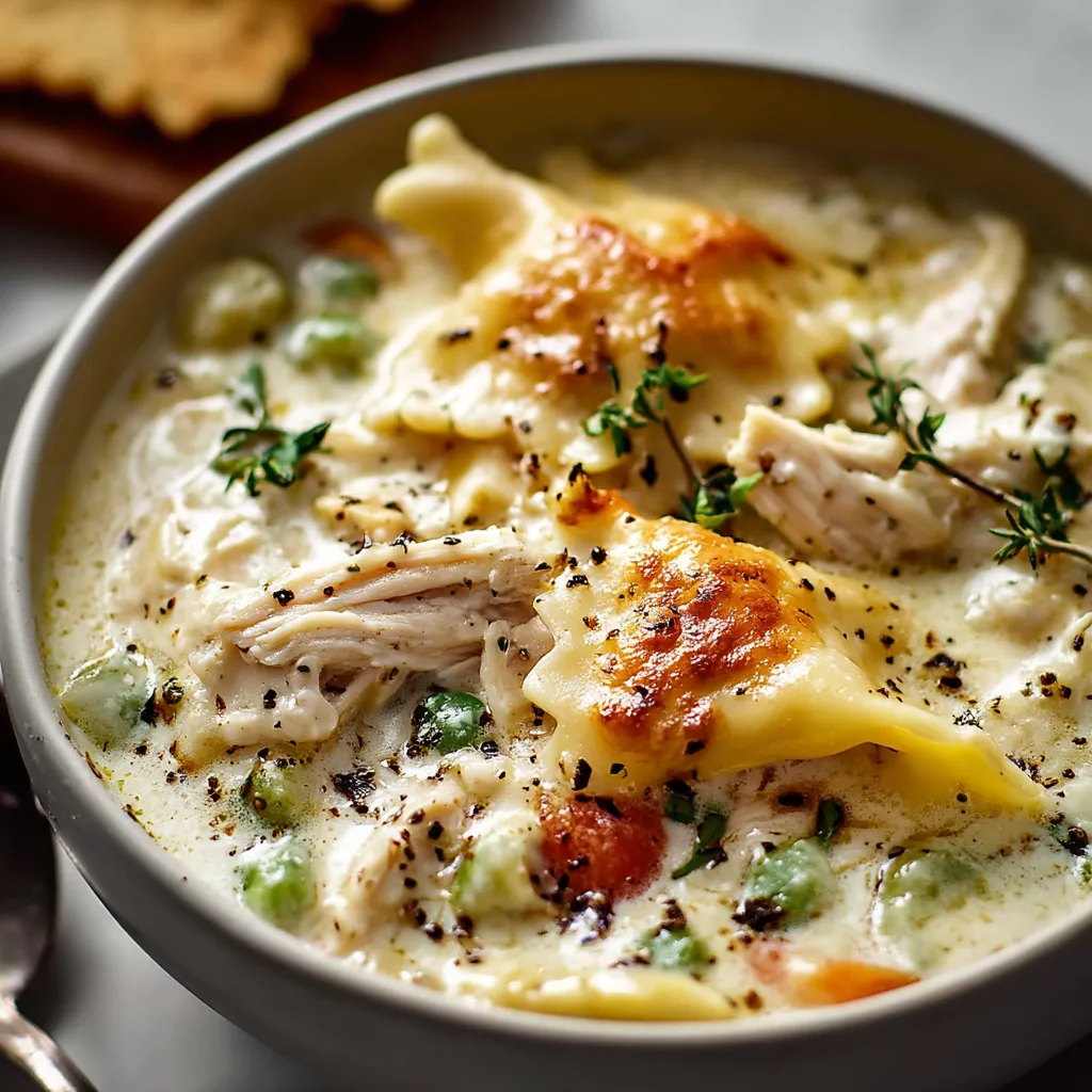 Creamy white chicken lasagna soup in a bowl with garnish.