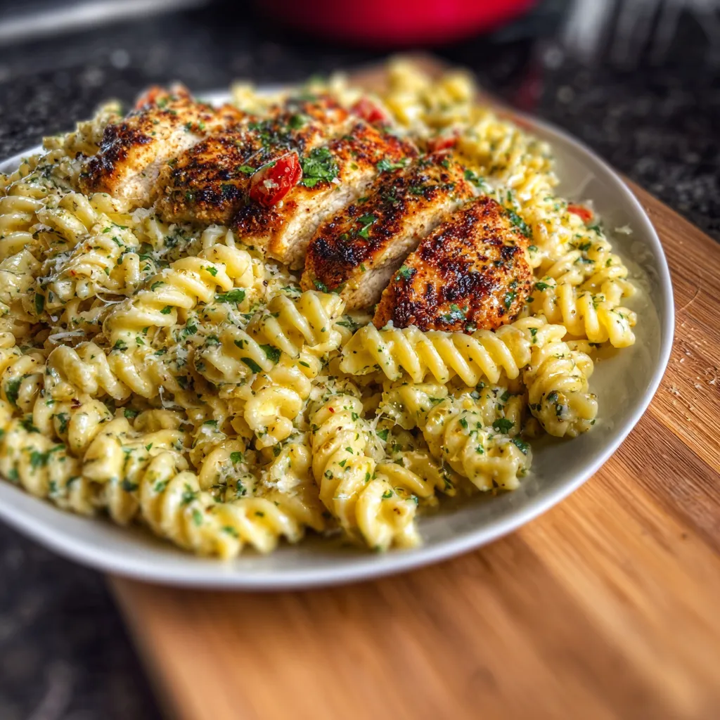 Creamy Garlic Parmesan Chicken Pasta dish with pasta, chicken, and a rich, creamy sauce.