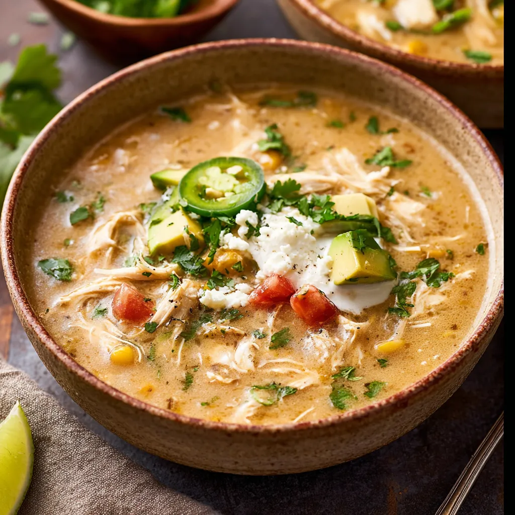 A savory bowl of Green Enchilada Chicken Soup, featuring tender chicken, colorful vegetables, and a flavorful broth.