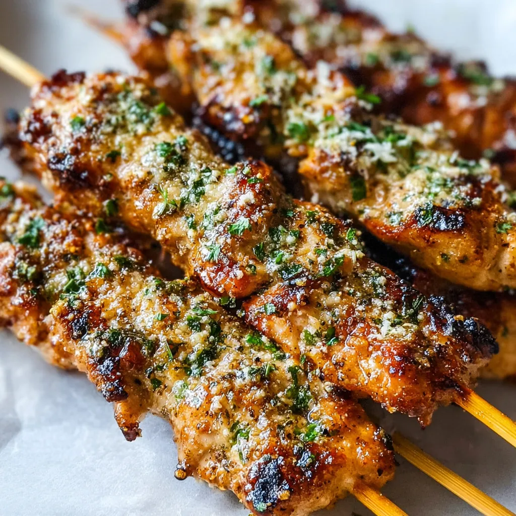 Grilled Ranch Garlic Parmesan Chicken Skewers on a wooden surface.