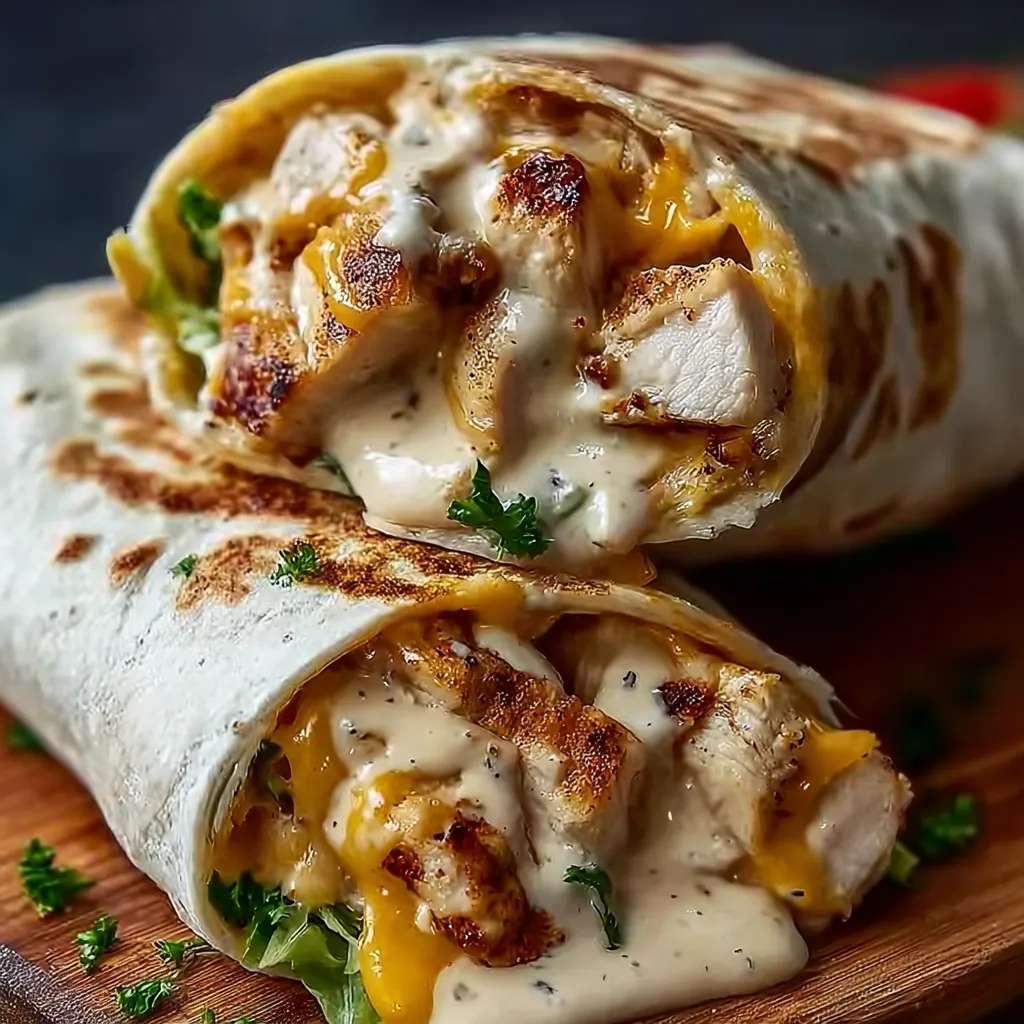 Delicious Cheesy Garlic Chicken Wraps with fresh ingredients.
