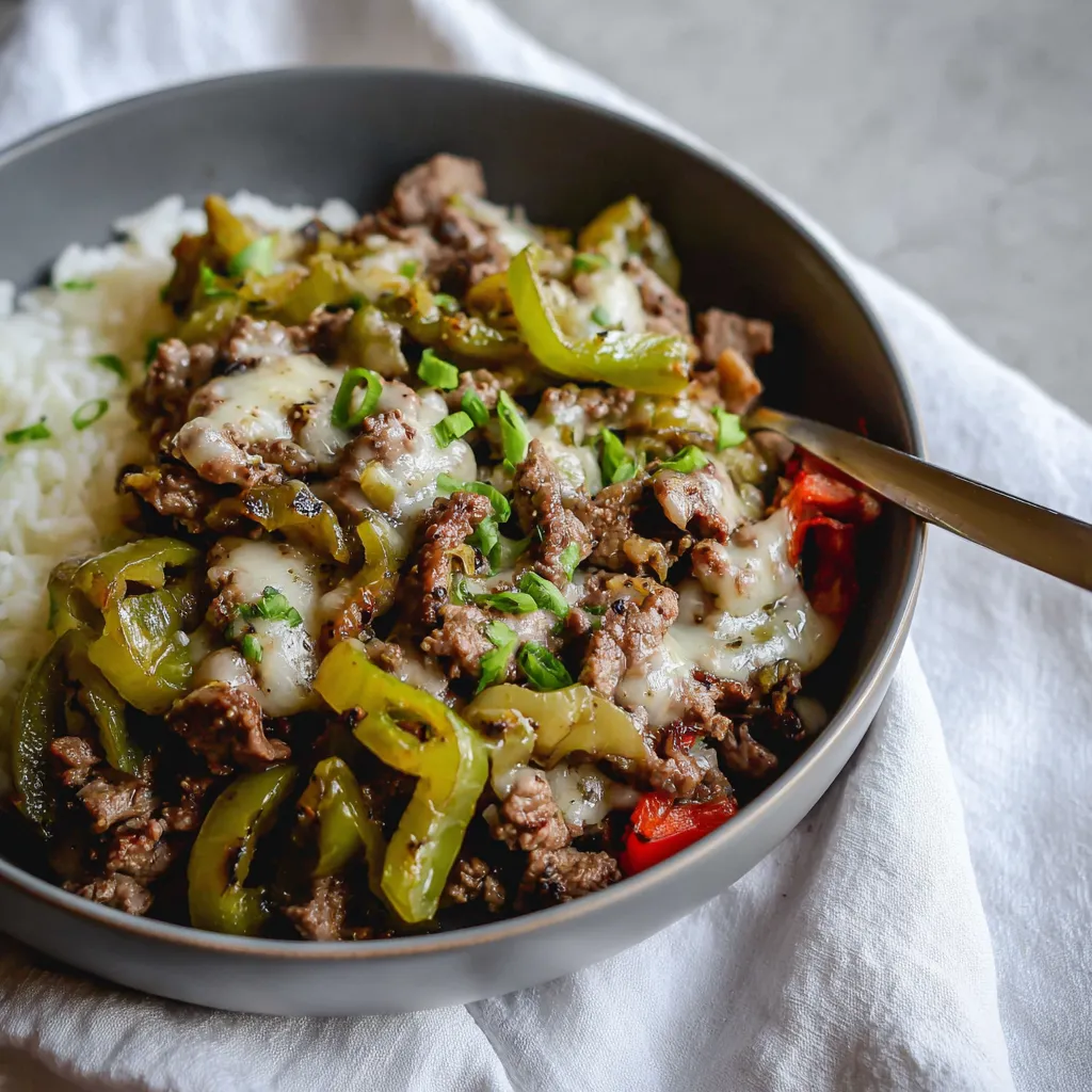 A delicious Philly Cheesesteak Bowls dish featuring juicy steak, melted cheese, and savory toppings.