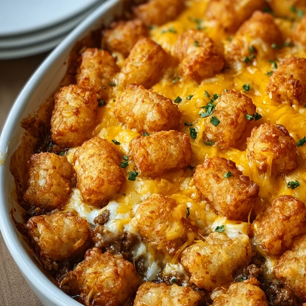 Delicious homemade Tater Tot Casserole with layers of ground beef, cheese, and crispy tater tots.