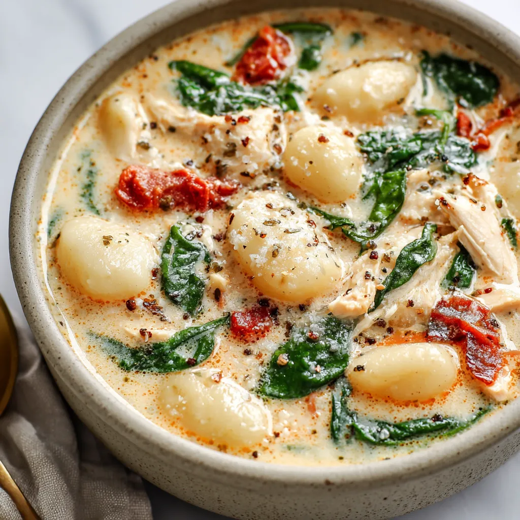 A bowl of hearty Italian Sausage and Gnocchi Soup, featuring tender potato dumplings, savory sausage, and a rich, flavorful broth.