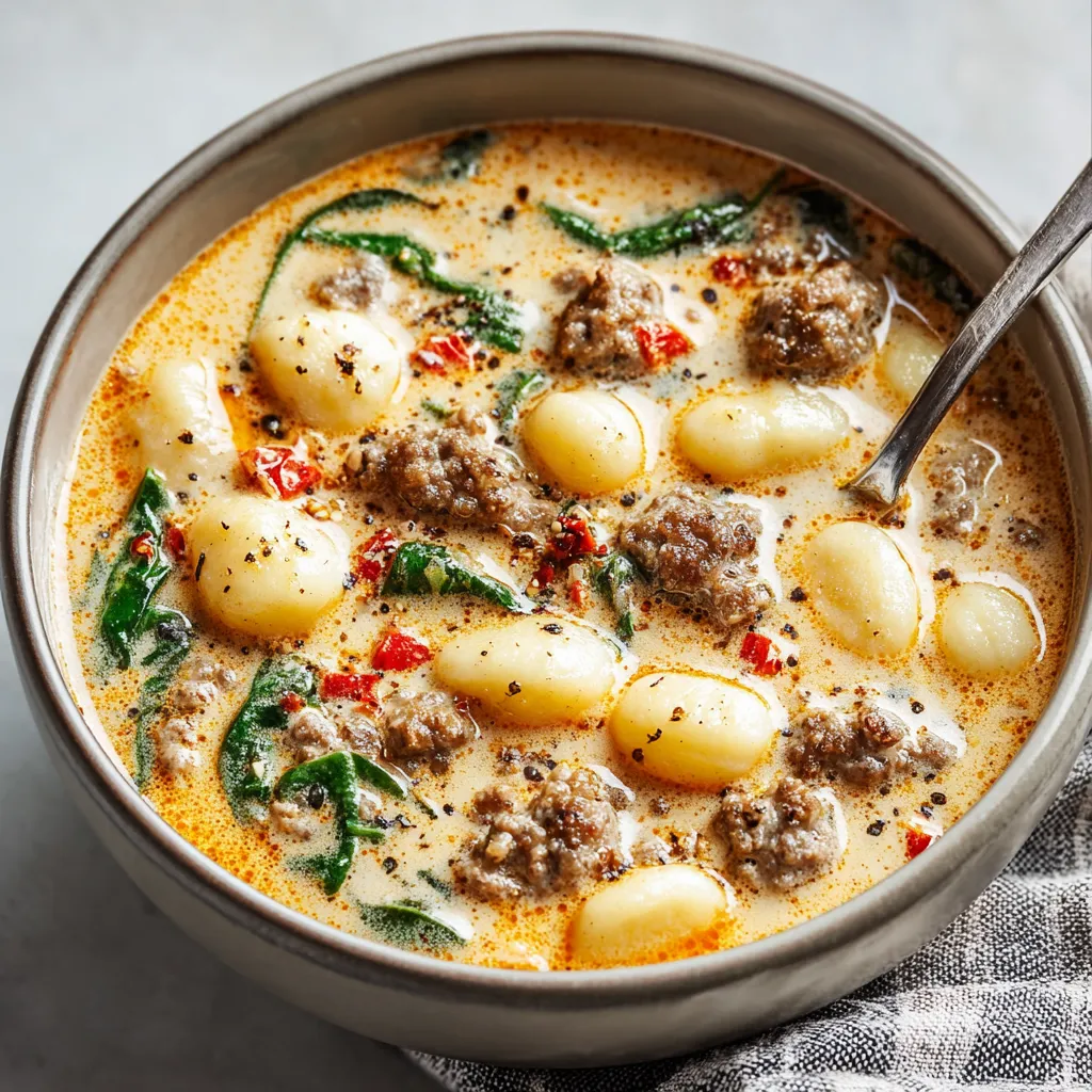 A bowl of hot, comforting Italian Sausage Gnocchi Soup, featuring tender gnocchi dumplings, savory Italian sausage, and a rich, flavorful broth.
