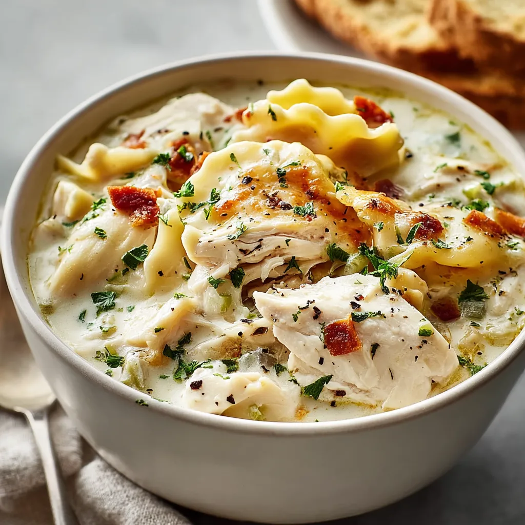A delicious bowl of creamy white chicken lasagna soup, featuring tender chicken, layers of pasta, and a rich, savory broth.