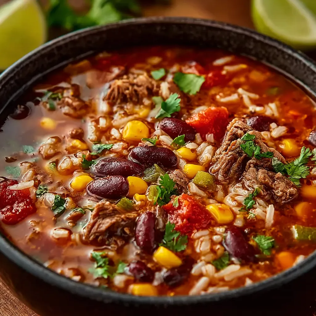 A steaming bowl of Mexican Beef and Rice Soup, filled with tender beef, rice, and aromatic vegetables.