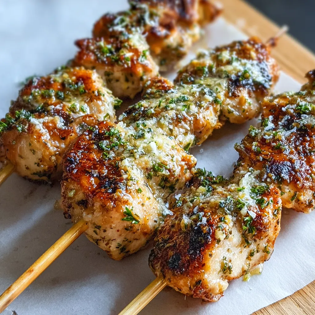 Grilled Ranch Parmesan Chicken Skewers on a wooden cutting board.