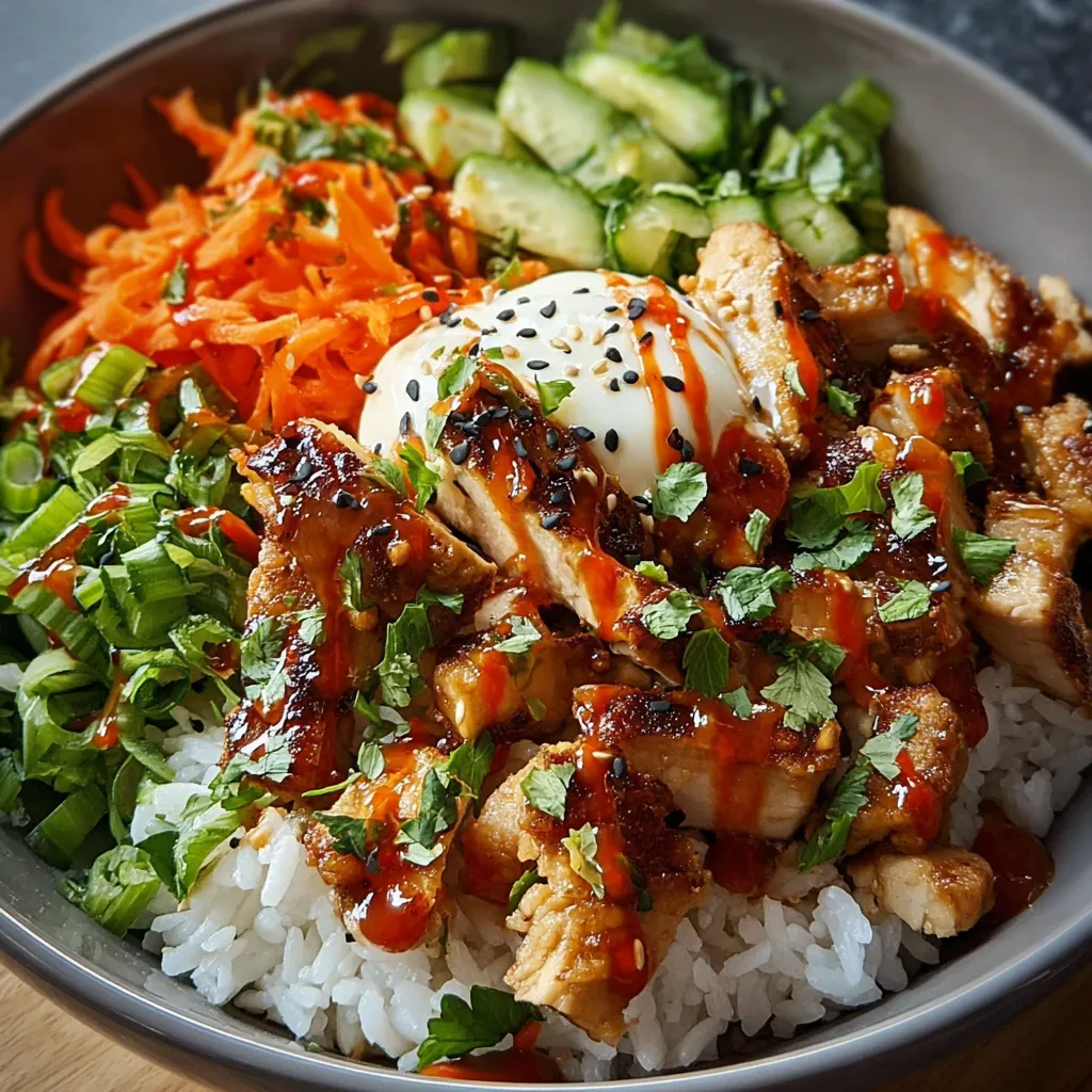 A close-up image of a delicious Bang Bang Chicken Bowl, featuring tender chicken, crisp vegetables, and a creamy sauce.