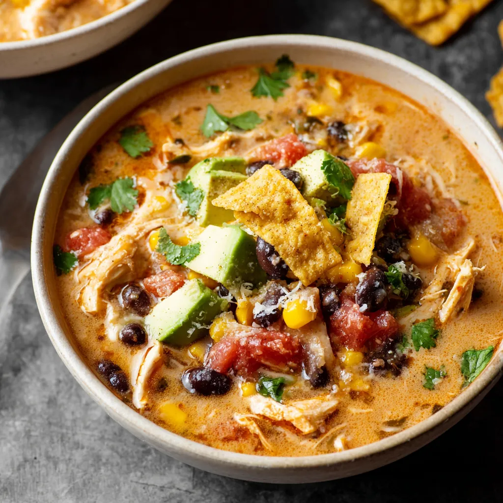A delicious bowl of Chicken Taco Soup, featuring tender chicken, savory spices, and a medley of fresh vegetables.