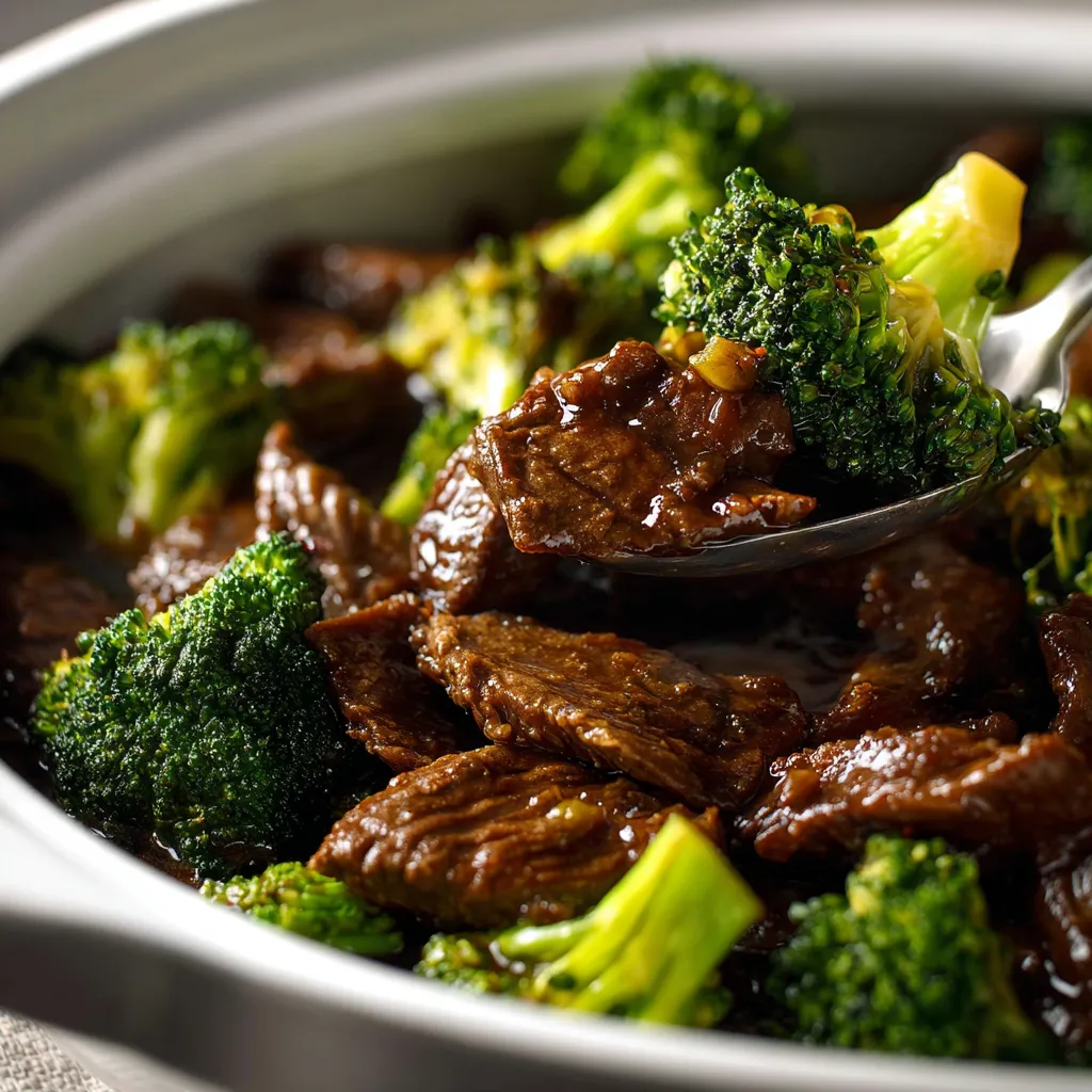 A delicious serving of Crock Pot Beef & Broccoli, a savory and tender dish with tender beef and fresh broccoli florets.