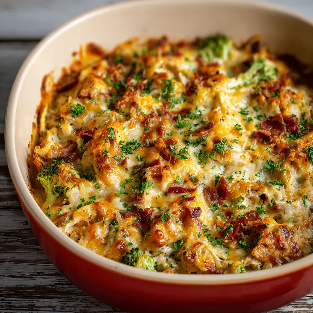 A delicious low-carb chicken casserole dish with tender chicken, creamy sauce, and a variety of vegetables.