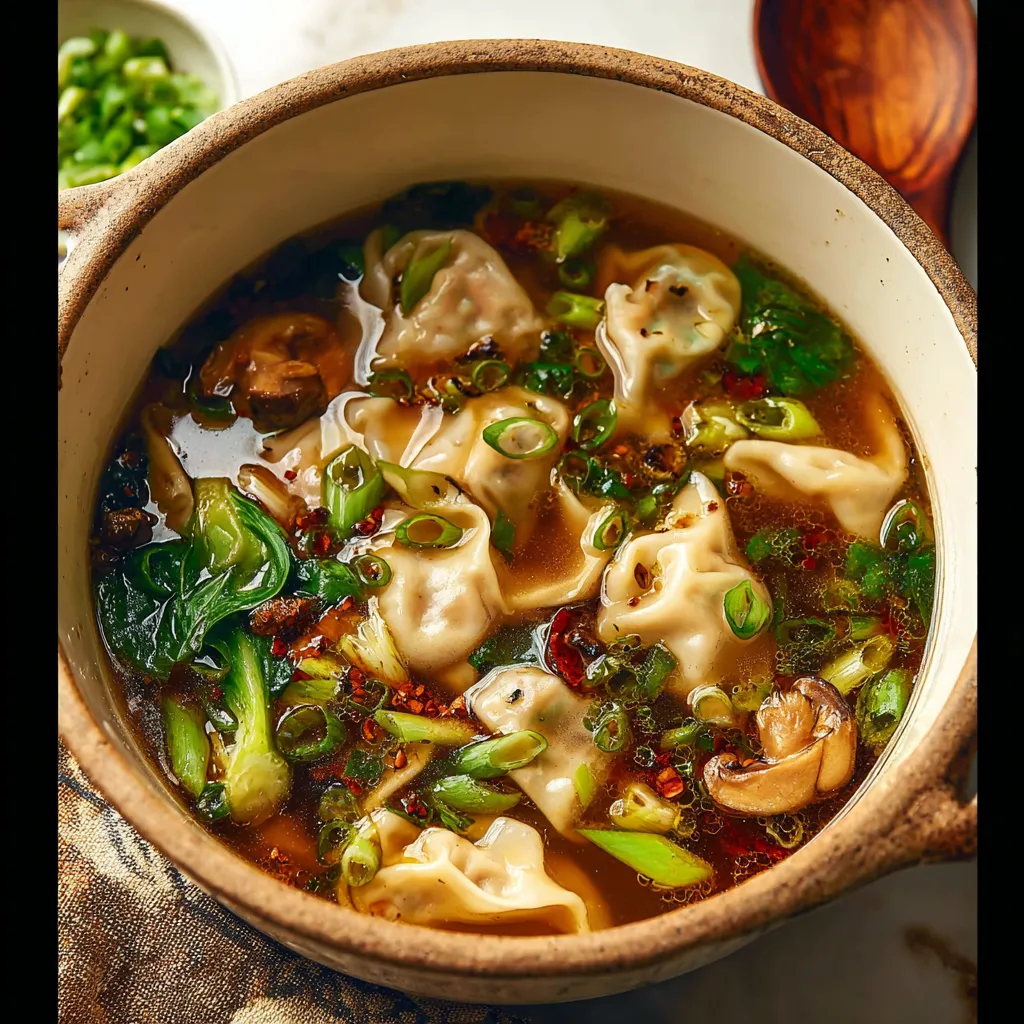 A savory bowl of Potsticker Soup, featuring dumplings, vegetables, and a flavorful broth.