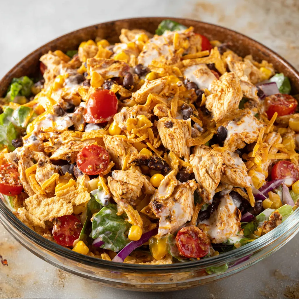 A delectable Spicy Southwest Chicken Salad featuring grilled chicken, mixed greens, avocado, corn, and a zesty dressing.