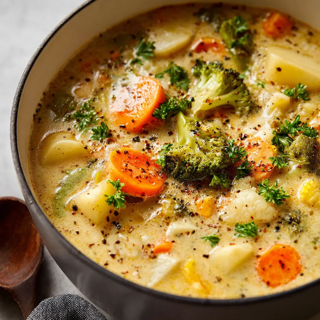 Creamy vegetable soup in a white bowl, garnished with fresh herbs and croutons.